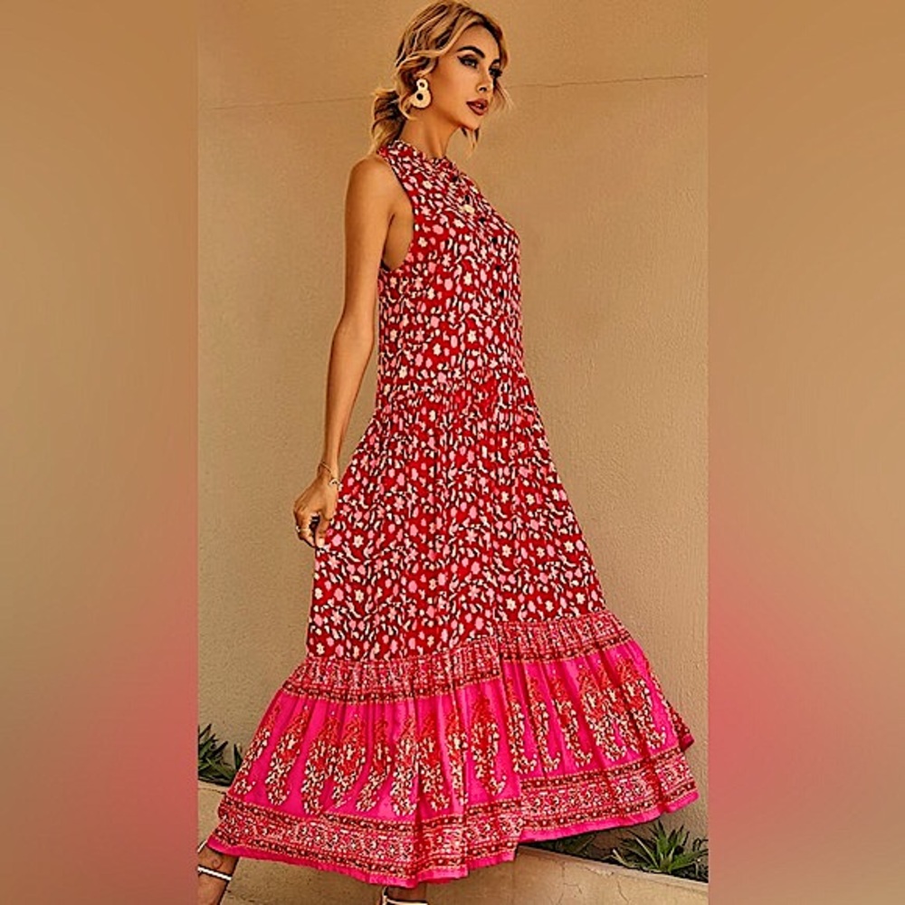EUC- R Vivimos Summer Sleeveless Floral Print Button Up Bohemian Flowy Maxi
